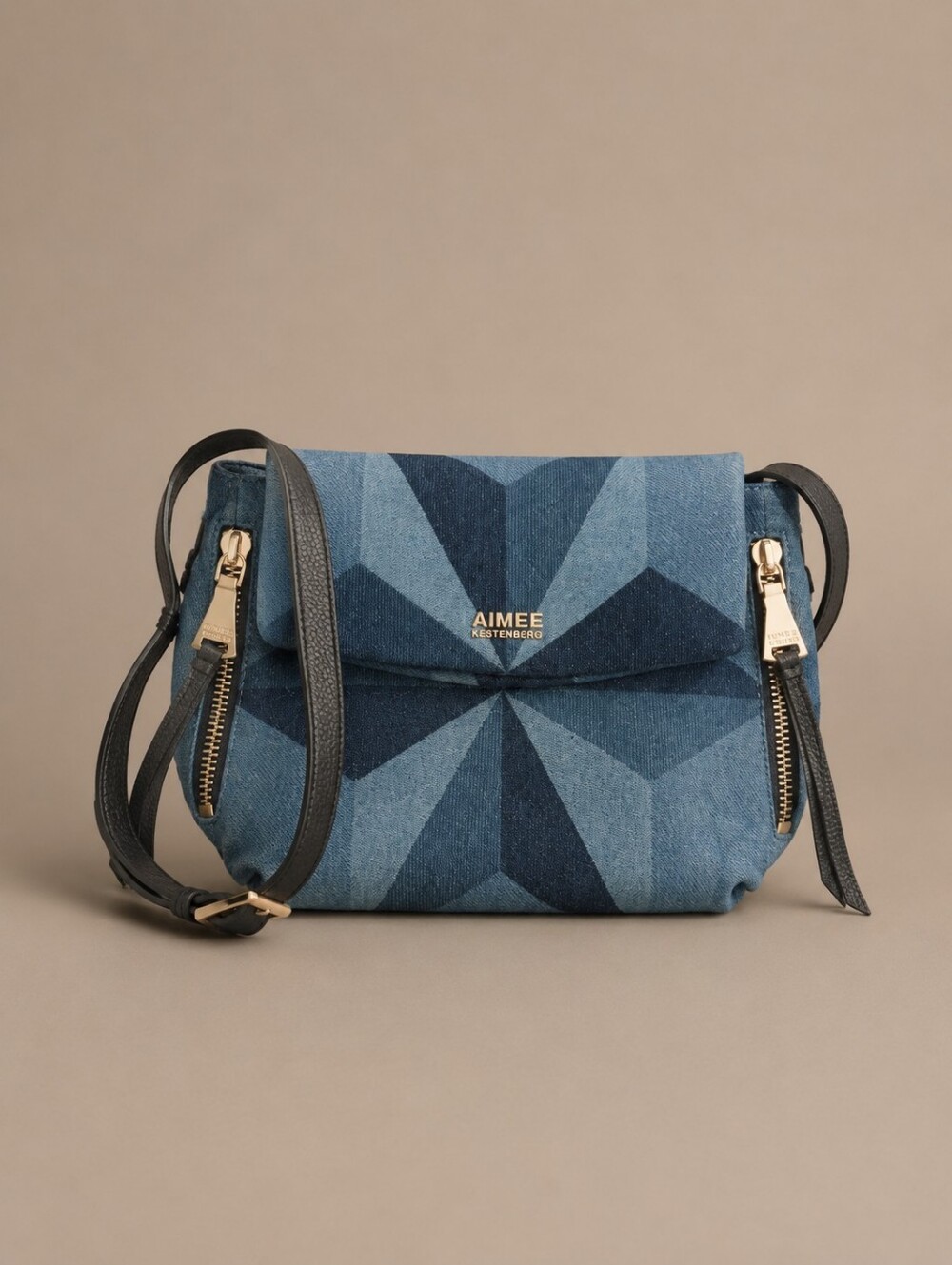 Aimee Kestenberg Blue Geometric Denim Crossbody with Black Strap